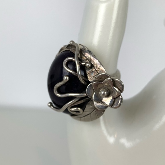 Sterling Silver Ring Black Onyx Floral Roots Sz 6.5 Vtg Witchy Dark Fairy Gothic - Picture 2 of 12